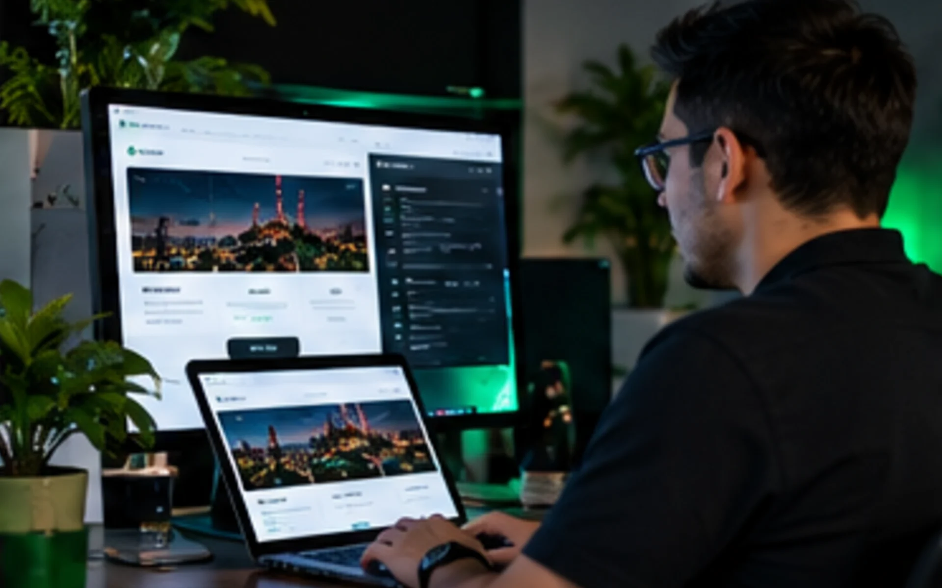 Diseñador creando un sitio web en monitor y laptop