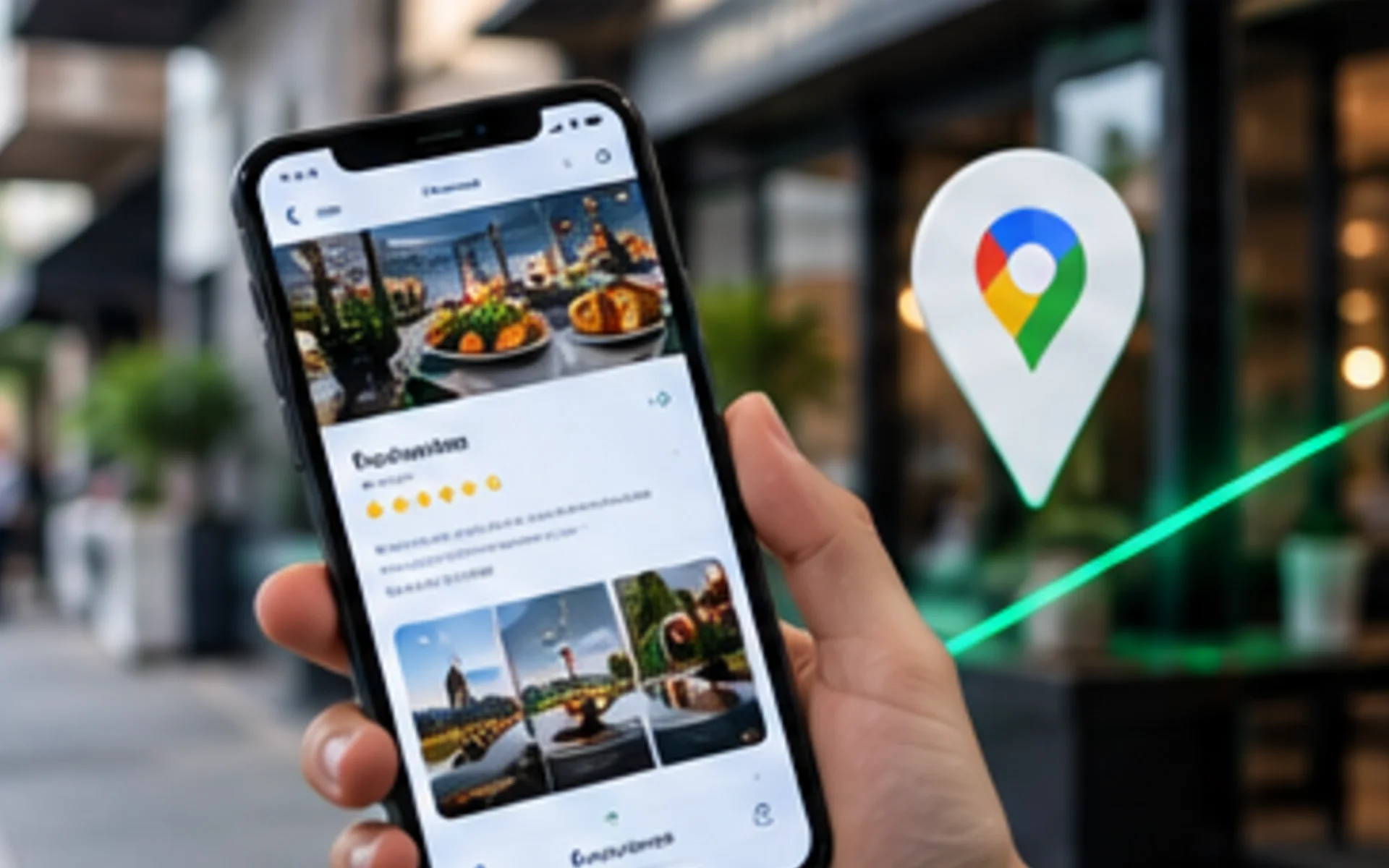 Celular mostrando la ficha de un negocio en Google Maps